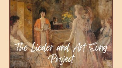 Picture of women singing with man at piano in background with concert title The Lieder and Art Song Project