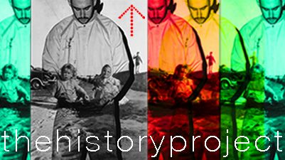 Repeated overlapping images of a man with his head tilted down towards a superimposed image of two small children above the title The History Project