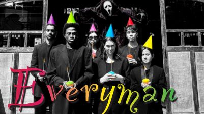 Six students dressed in black with coloured party hats on holding brightly coloured cupcakes with candles in them, above the play title Everyman 