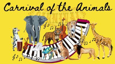 Image of curved piano keyboard surrounded by a variety of animals and musical notes below concert title, Carnival of the Animals