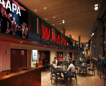 Artist impression of WAAPA's new foyer at ECU City with a bar, people sitting at tables and chairs below a red neon WAAPA sign