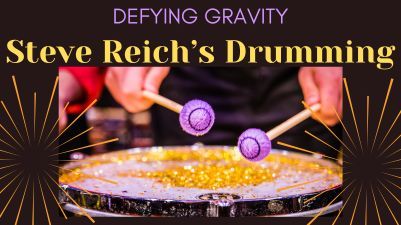 Close up photo of top of drum covered with gold glitter and two hands holding drumsticks above it ready to play, with concert title in yellow letters above: Steve Reich's Drumming