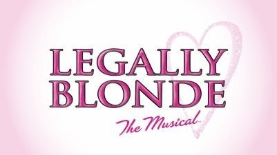 The title Legally Blonde: The Musical in dark pink letters on a light pink background with a love heart traced in the background