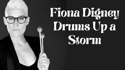 Black and white photo of percussionist Fiona Digney holding drum sticks next to concert title, Fiona Digney Drums Up a Storm