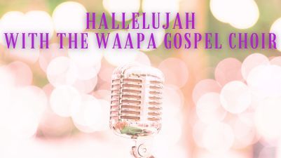 Close up of old fashioned silver microphone against starry background below concert title, Hallelujah with the WAAPA Gospel Choir 