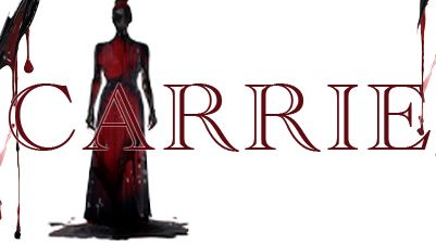 Image of woman in blood-soaked red dress against white background with the show title Carrie across the image 