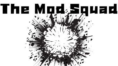 Black and white drawing of explosion with music notes coming out underneath concert title, The Mod Squad