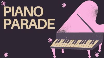 Cartoon image of a pink grand piano next to concert title, Piano Parade