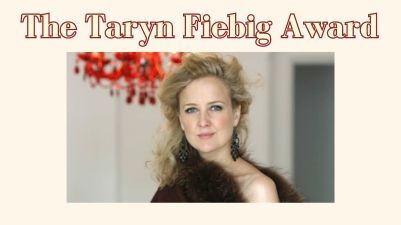 Image of the late soprano Taryn Fiebig next to concert title, Taryn Fiebig Award