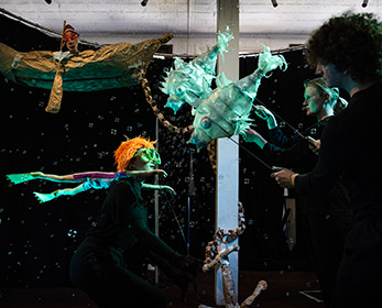 Performers on stage holding green fish puppets and a puppet of a boy snorkelling underwater.