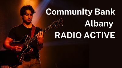 Image of young man playing electric guitar on black background next to concert title, Community Bank Albany Radio Active