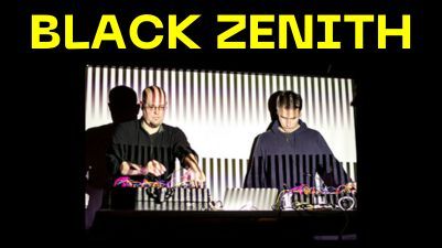 Two male musicians against black and white background underneath concert title, Black Zenith