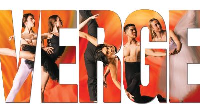 The word Verge fills the whole poster with images of dance students inside the letters against an orange background