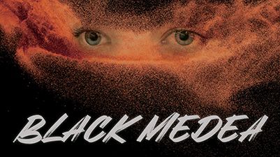 Image of a red dust storm in a night sky with a pair of eyes superimposed over the top above the words Black Medea in white lettering