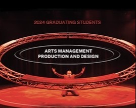 Image of actor on stage inside red ring below title Arts Management and Production & Design Showcase 2024