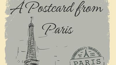 Concert title A Postcard from Paris in cursive script with top of Eiffel Tower