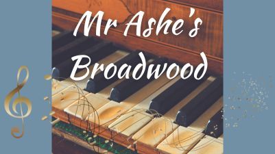 Closeup photo of old fortepiano keys below concert title, Mr Ashe's Broadwood