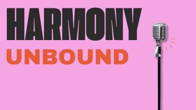 An old-fashioned stand microphone next to concert title, Harmony Unbound, in black and orange lettering on a pink backgroun