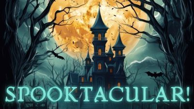 Dramatic drawing of a castle at night surrounded by spooky looking trees and bats with huge yellow moon behind and the word Spooktacular! below the image in blue lettering